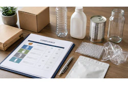 Compliance checklist document on desk surrounded by recyclable containers, glass jars, and sustainable packaging materials