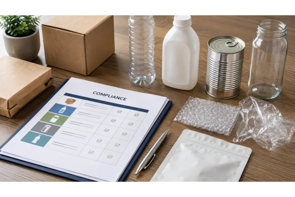 Compliance checklist document on desk surrounded by recyclable containers, glass jars, and sustainable packaging materials