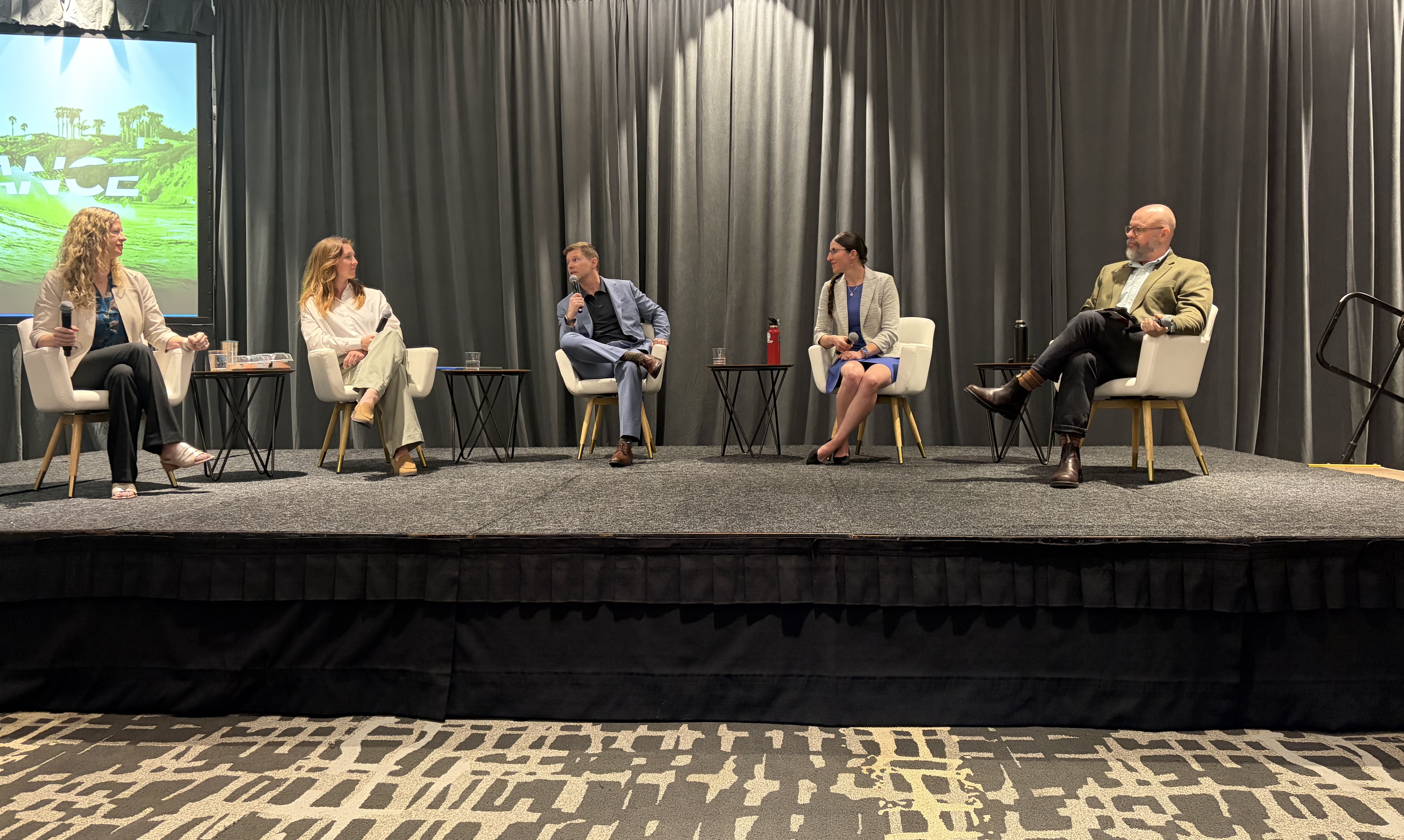 From l. to r., Ellie Moss of Perpetual, Linnea Whitney Skierski of CalRecycle, Dave Lefebvre of Lefebvre Consulting Inc., Dr. Anja Brandon of the Ocean Conservancy, Dylan de Thomas of The Recycling Partnership discuss the practical implications of meeting California SB 54’s source-reduction requirements during SPC Advance 2026.