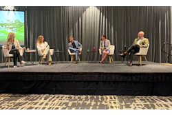 From l. to r., Ellie Moss of Perpetual, Linnea Whitney Skierski of CalRecycle, Dave Lefebvre of Lefebvre Consulting Inc., Dr. Anja Brandon of the Ocean Conservancy, Dylan de Thomas of The Recycling Partnership discuss the practical implications of meeting California SB 54’s source-reduction requirements during SPC Advance 2026.