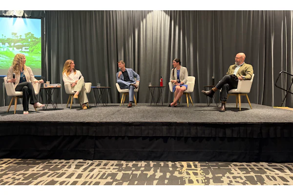 From l. to r., Ellie Moss of Perpetual, Linnea Whitney Skierski of CalRecycle, Dave Lefebvre of Lefebvre Consulting Inc., Dr. Anja Brandon of the Ocean Conservancy, Dylan de Thomas of The Recycling Partnership discuss the practical implications of meeting California SB 54’s source-reduction requirements during SPC Advance 2026.