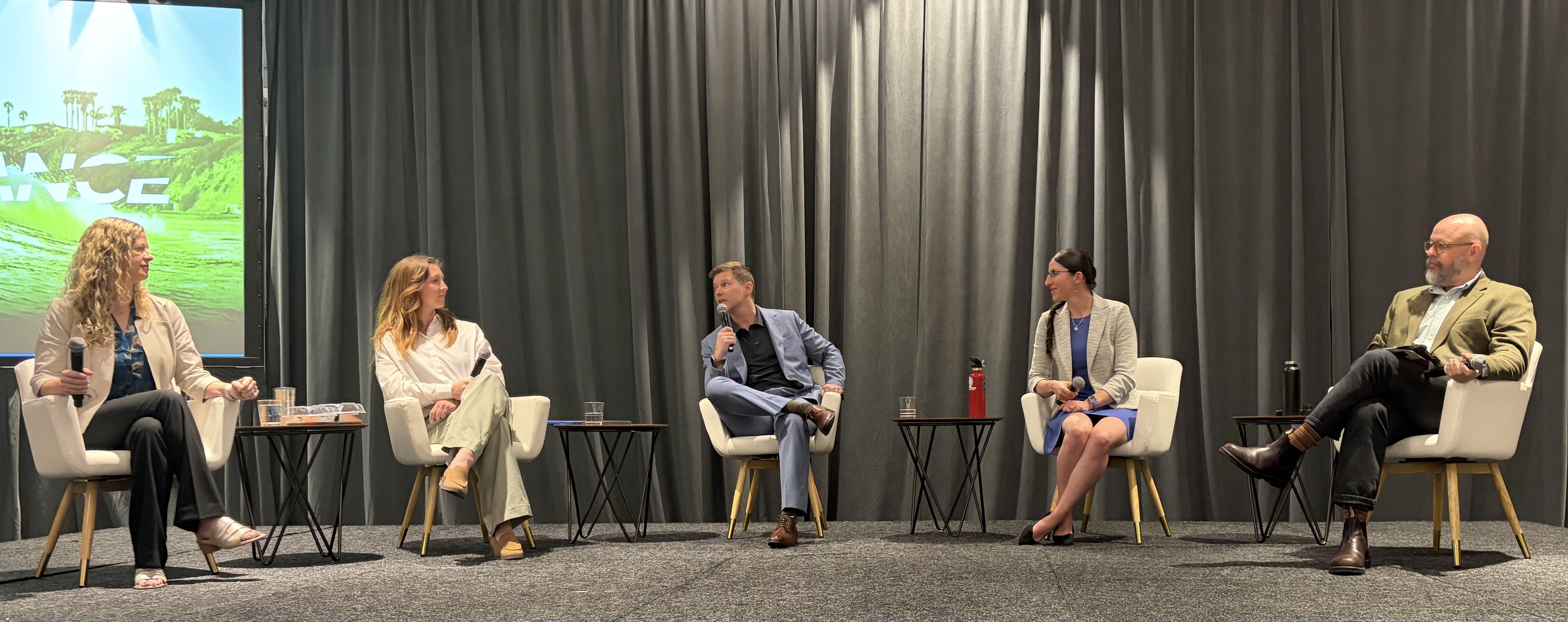 From l. to r., Ellie Moss of Perpetual, Linnea Whitney Skierski of CalRecycle, Dave Lefebvre of Lefebvre Consulting Inc., Dr. Anja Brandon of the Ocean Conservancy, Dylan de Thomas of The Recycling Partnership discuss the practical implications of meeting California SB 54’s source-reduction requirements during SPC Advance 2026.