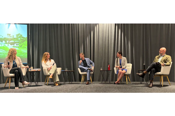 From l. to r., Ellie Moss of Perpetual, Linnea Whitney Skierski of CalRecycle, Dave Lefebvre of Lefebvre Consulting Inc., Dr. Anja Brandon of the Ocean Conservancy, Dylan de Thomas of The Recycling Partnership discuss the practical implications of meeting California SB 54’s source-reduction requirements during SPC Advance 2026.