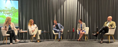 From l. to r., Ellie Moss of Perpetual, Linnea Whitney Skierski of CalRecycle, Dave Lefebvre of Lefebvre Consulting Inc., Dr. Anja Brandon of the Ocean Conservancy, Dylan de Thomas of The Recycling Partnership discuss the practical implications of meeting California SB 54’s source-reduction requirements during SPC Advance 2026.