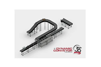 3D technical illustration of industrial conveyor belt systems with curved and straight sections featuring metal framework and support structures