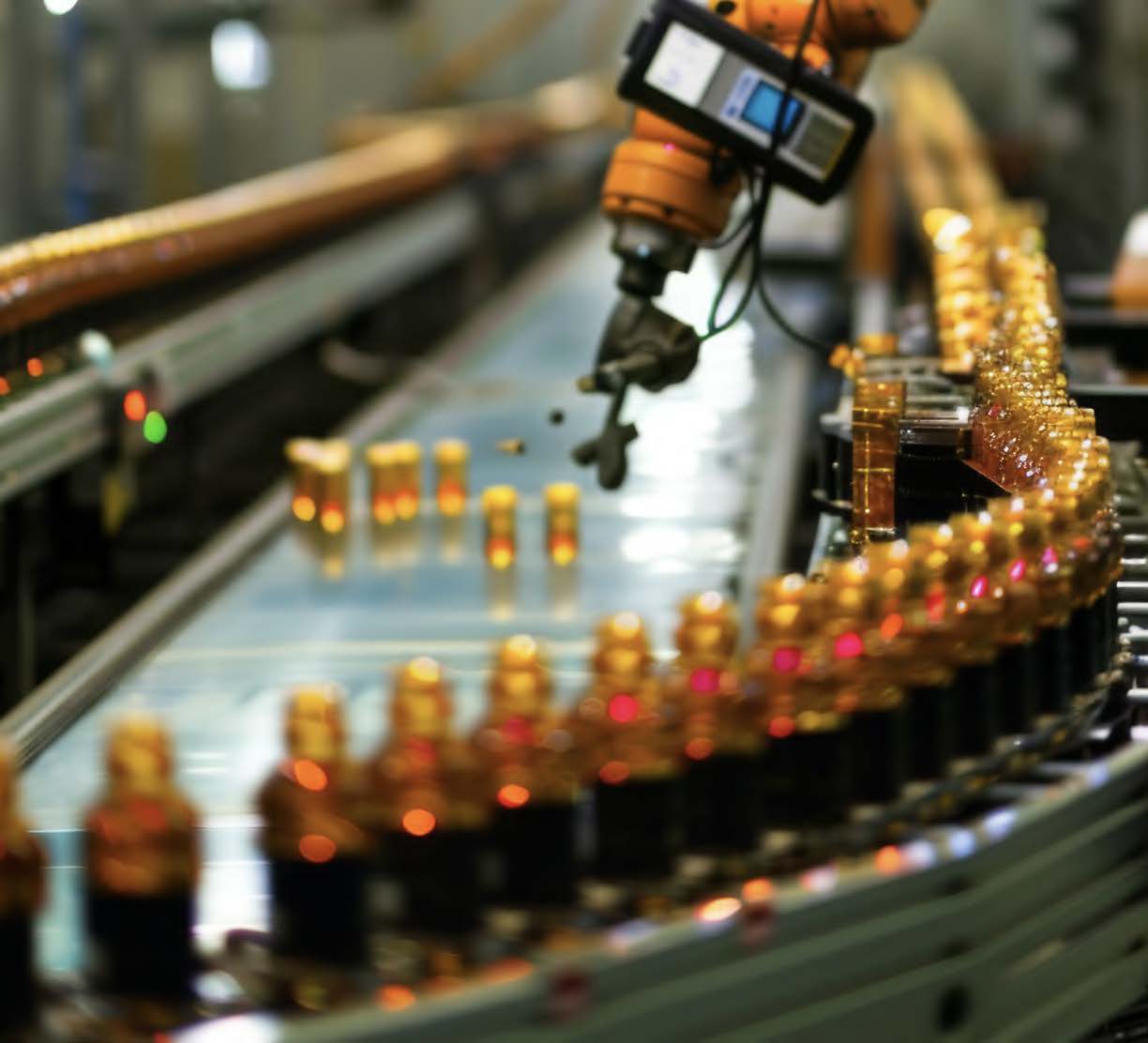 Industrial robotic arm dispensing liquid into amber bottles on a production line conveyor system