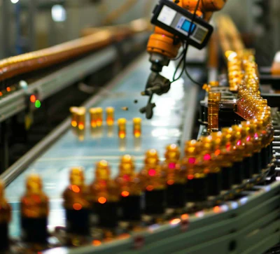 Industrial robotic arm dispensing liquid into amber bottles on a production line conveyor system