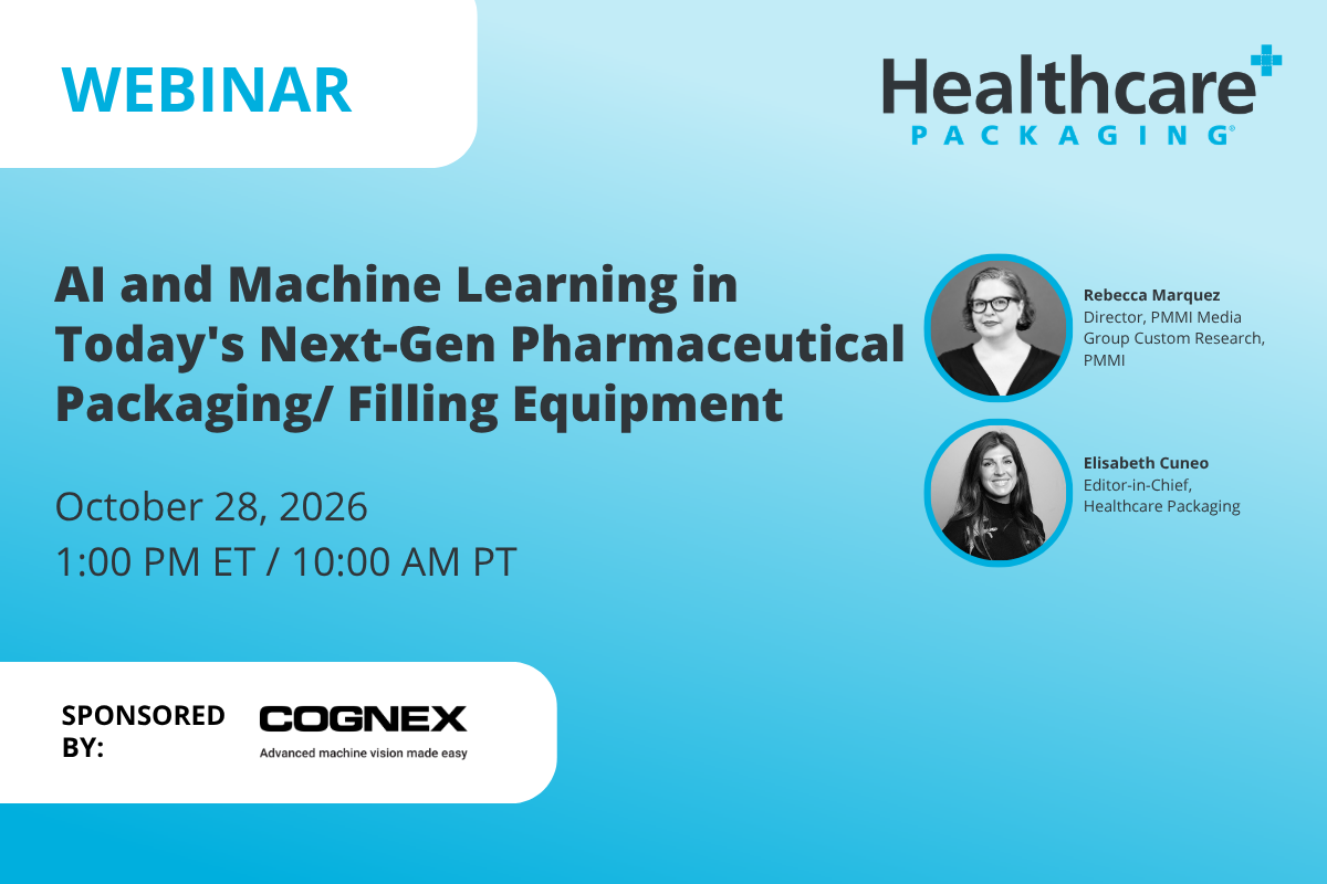 Webinar announcement for AI and Machine Learning in pharmaceutical packaging equipment on October 28, 2026, featuring speakers Rebecca Marquez and Elizabeth Gutierrez, sponsored by Cognex