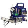 Industrial automated packaging machine with blue frame, control panel, and material spool system
