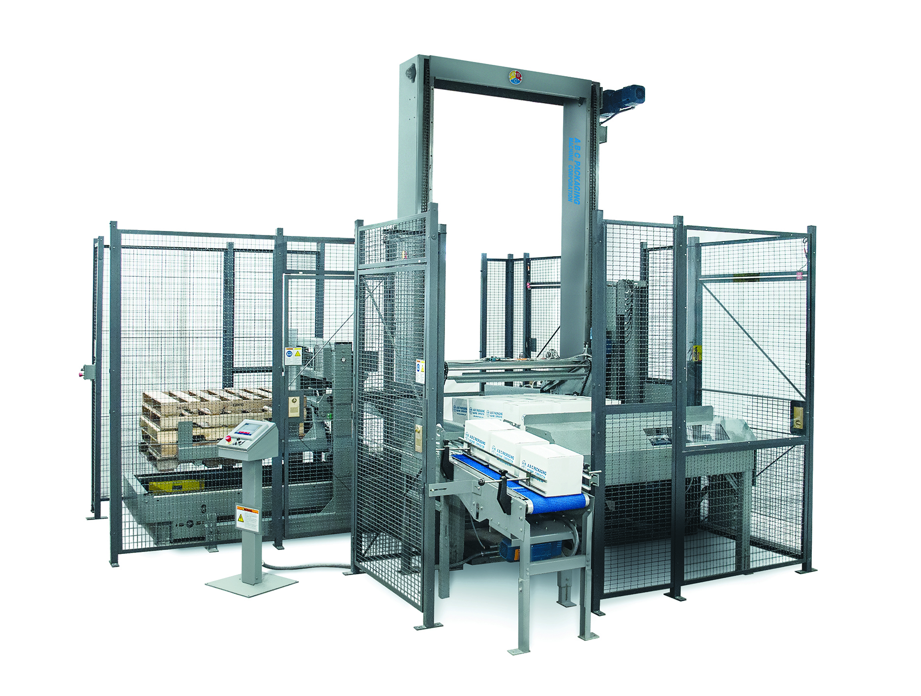 Industrial automatic strapping machine with metal frame, safety enclosure, and blue conveyor system for package wrapping