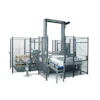 Industrial automatic strapping machine with metal frame, safety enclosure, and blue conveyor system for package wrapping