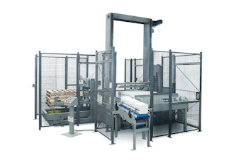 Industrial automatic strapping machine with metal frame, safety enclosure, and blue conveyor system for package wrapping