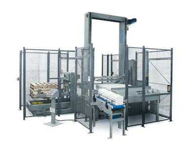 Industrial automatic strapping machine with metal frame, safety enclosure, and blue conveyor system for package wrapping