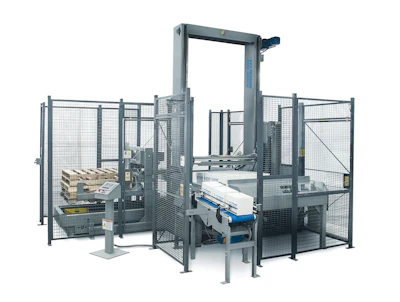 Industrial automatic strapping machine with metal frame, safety enclosure, and blue conveyor system for package wrapping