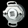 Silver metal encoder or sensor housing with circular opening and mounting flanges on black background