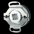 Silver metal encoder or sensor housing with circular opening and mounting flanges on black background