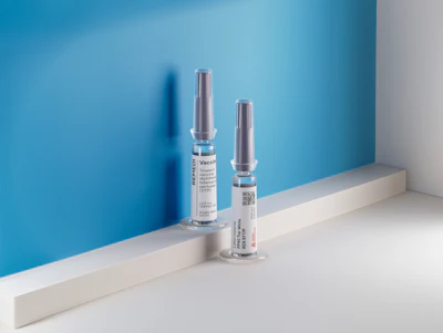 Two vaccine vials with metallic caps displayed on white surface against blue background