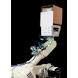 Robotic arm with white control module and blue wiring assembly mounted on beige cylindrical base