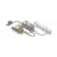 Isometric view of automated industrial production line with robotic arms, conveyor systems, and processing stations