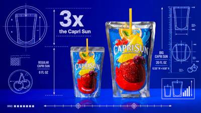 Capri Sun’s limited-edition Big Pouch, shown alongside the classic 6-oz format, is designed for a recommended 20-fl-oz fill and adds a resealable zipper while retaining the brand’s familiar yellow straw.