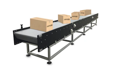 Industrial conveyor belt system with cardboard boxes moving along a black and gray transport mechanism