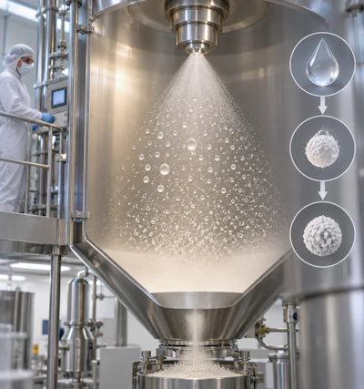 Pharmaceutical spray drying equipment with technician monitoring powder production process and particle transformation diagram