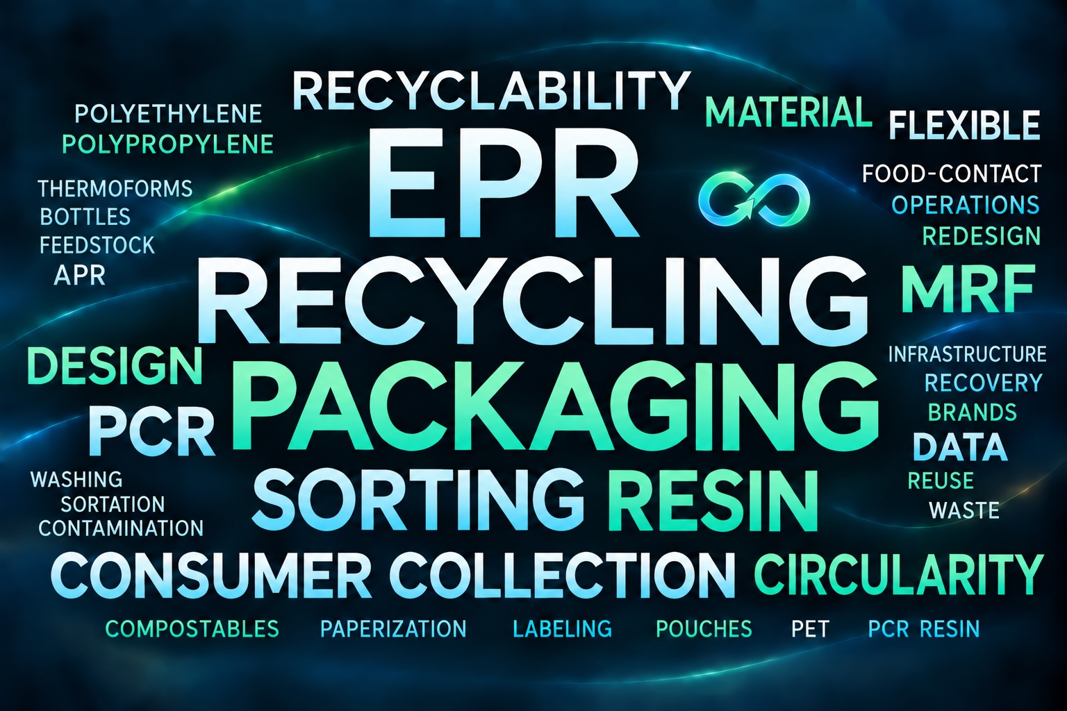 EPR recycling infographic showing packaging, materials, and circular economy concepts with related terminology