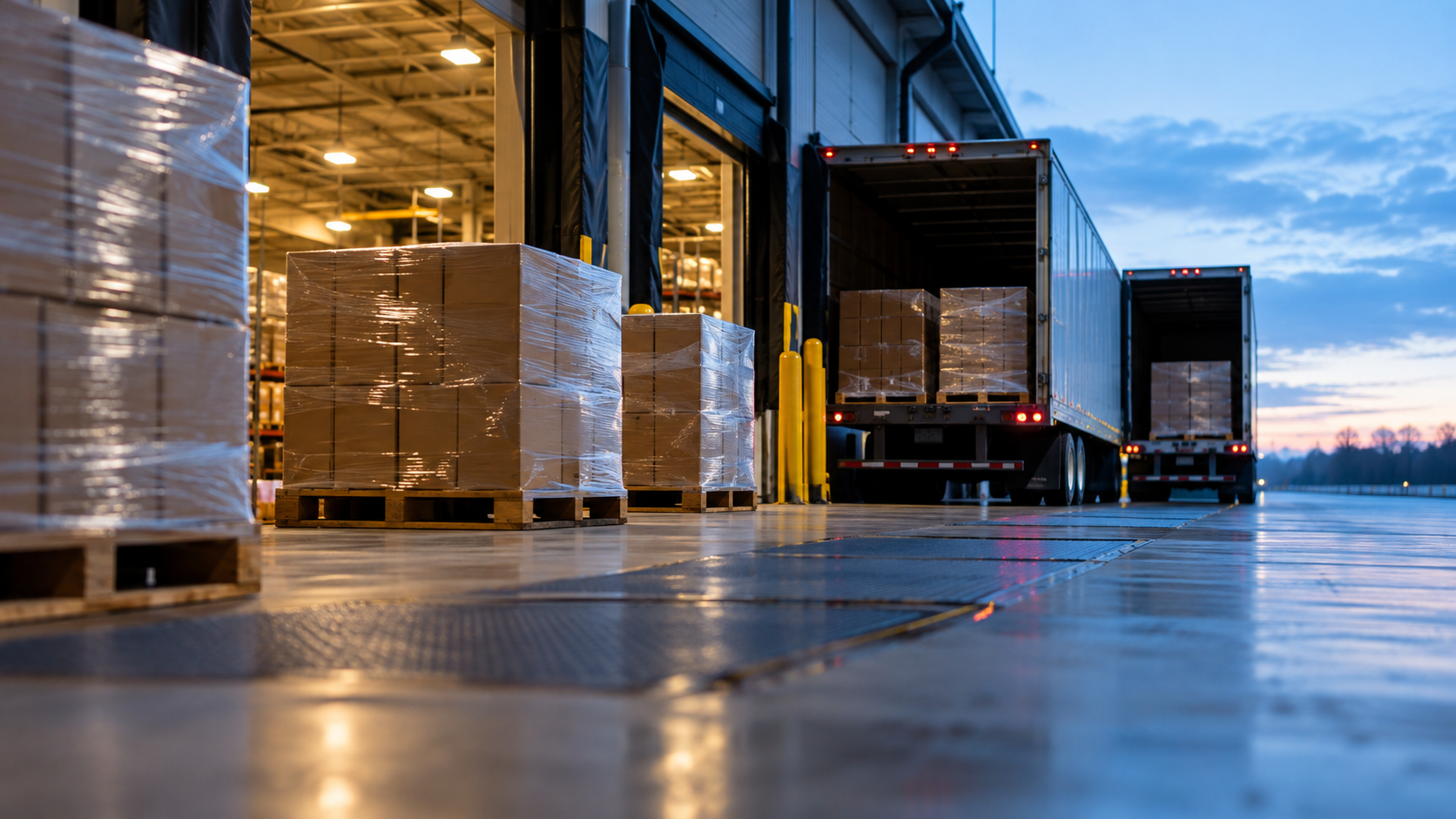 Warehouse loading dock at dusk with wrapped pallets and trucks lined up for shipment