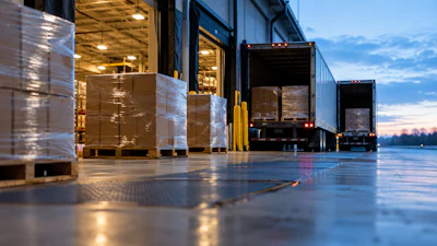 Warehouse loading dock at dusk with wrapped pallets and trucks lined up for shipment