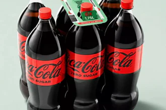 The alternative format holds individual PET bottles together using strategically positioned adhesive dots, with a rigid cardboard carrying handle fitted to the assembled pack.