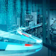 Digital data center visualization with flowing cyan ribbons and server infrastructure in blue tones