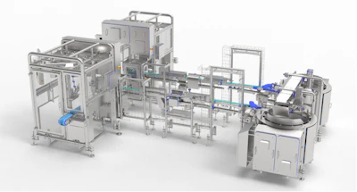 ELCAT automated system combining centrifugal feeding, high-speed product alignment and robotic pick-and-place for food sticks.