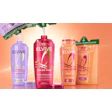 L'Oréal Elvive haircare product collection including purple hydra shampoo, burgundy color vive shampoo, and coral dream lengths conditioner bottles on gradient background