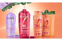 L'Oréal Elvive haircare product collection including purple hydra shampoo, burgundy color vive shampoo, and coral dream lengths conditioner bottles on gradient background