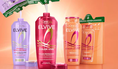 L'Oréal Elvive haircare product collection including purple hydra shampoo, burgundy color vive shampoo, and coral dream lengths conditioner bottles on gradient background