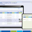 Cobot palletizing solutions comparison matrix displayed on laptop and tablet screens showing FANUC and multiple vendor options
