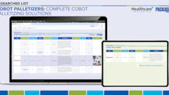 Cobot palletizing solutions comparison matrix displayed on laptop and tablet screens showing FANUC and multiple vendor options