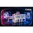 FORDS industrial manufacturing equipment with neon-lit 3D printers and machinery in futuristic tech environment