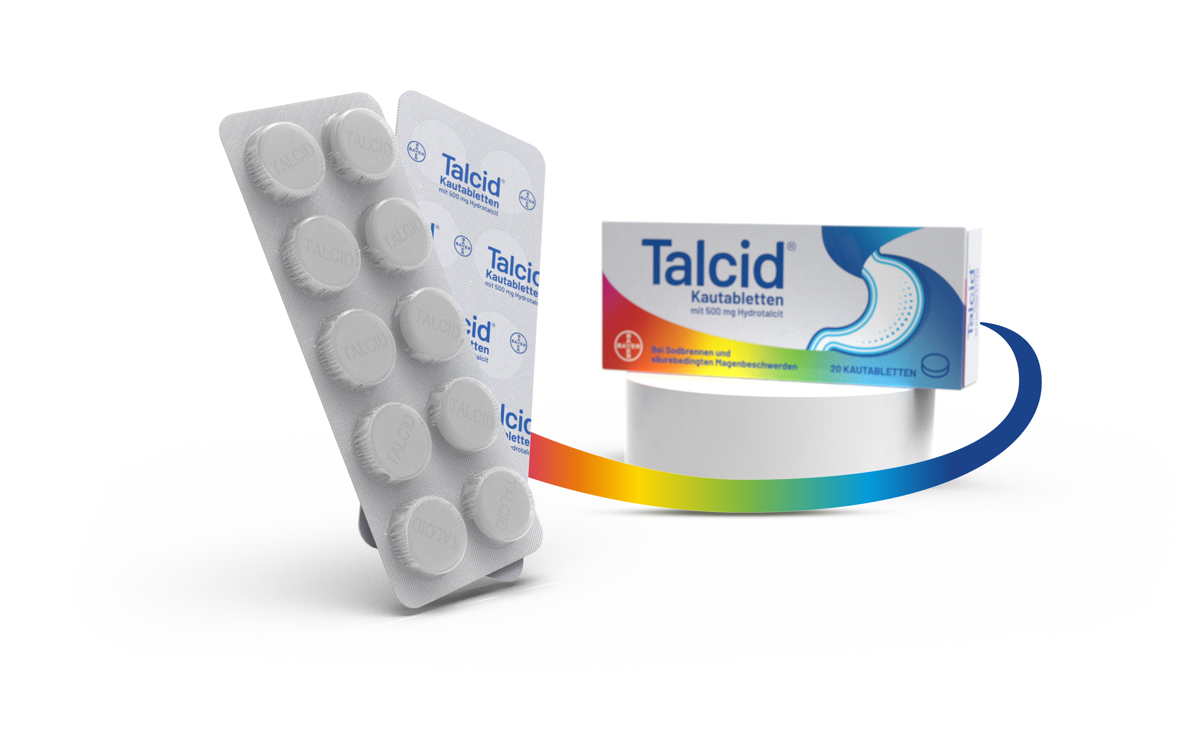 Talcid antacid medication blister pack and product box with rainbow gradient design