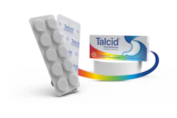 Talcid antacid medication blister pack and product box with rainbow gradient design