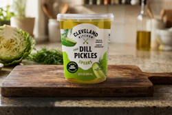 Cleveland Kitchen's classic dill pickle spears now ship in a 24-oz tub molded from 25% PureCycle recycled polypropylene by IPL Schoeller.