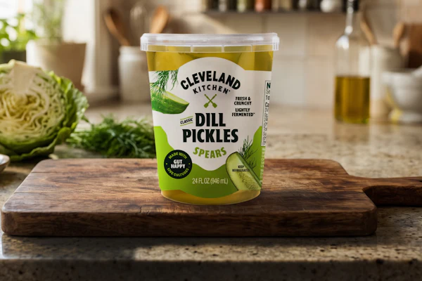 Cleveland Kitchen's classic dill pickle spears now ship in a 24-oz tub molded from 25% PureCycle recycled polypropylene by IPL Schoeller.