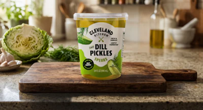 Cleveland Kitchen's classic dill pickle spears now ship in a 24-oz tub molded from 25% PureCycle recycled polypropylene by IPL Schoeller.