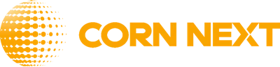 Corn Next logo featuring golden spherical dot pattern and bold orange text