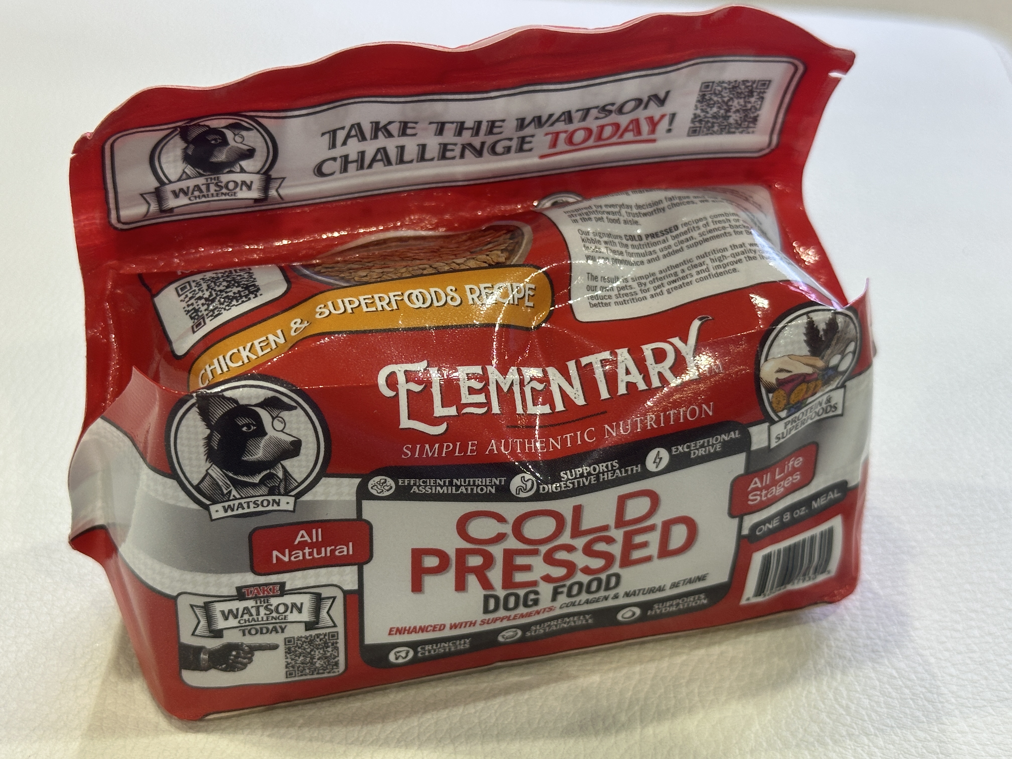 The Pouch3 Cuboid format on Elementary's Cold Pressed dog food is a box-like shape with no wasted headspace, using up to 30% less material than a flat-bottom or stand-up pouch of equivalent volume.