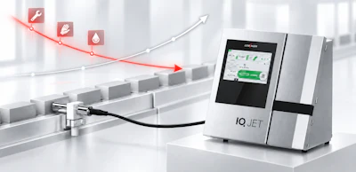 IQ.JET industrial printer with performance graph showing production efficiency and printing capability icons