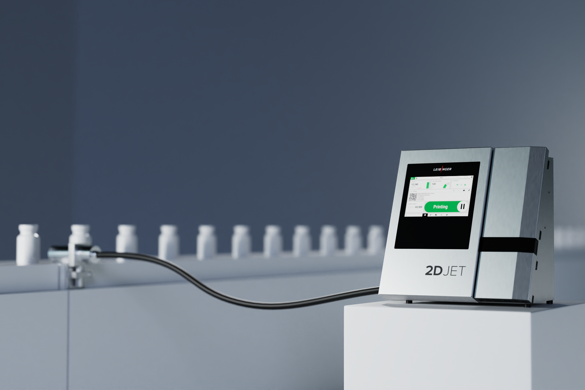 2D JET medical analyzer device with touchscreen display and sample bottles on gray background