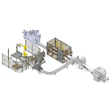 Industrial manufacturing assembly line with robotic arms, conveyor system, and processing equipment in 3D isometric view