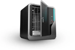 Desktop 3D printer with black chassis, open door revealing build chamber, and illuminated control panel with blue accent lighting