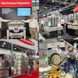Industrial food processing equipment displayed at trade show booth with operators demonstrating raw produce preparation machinery